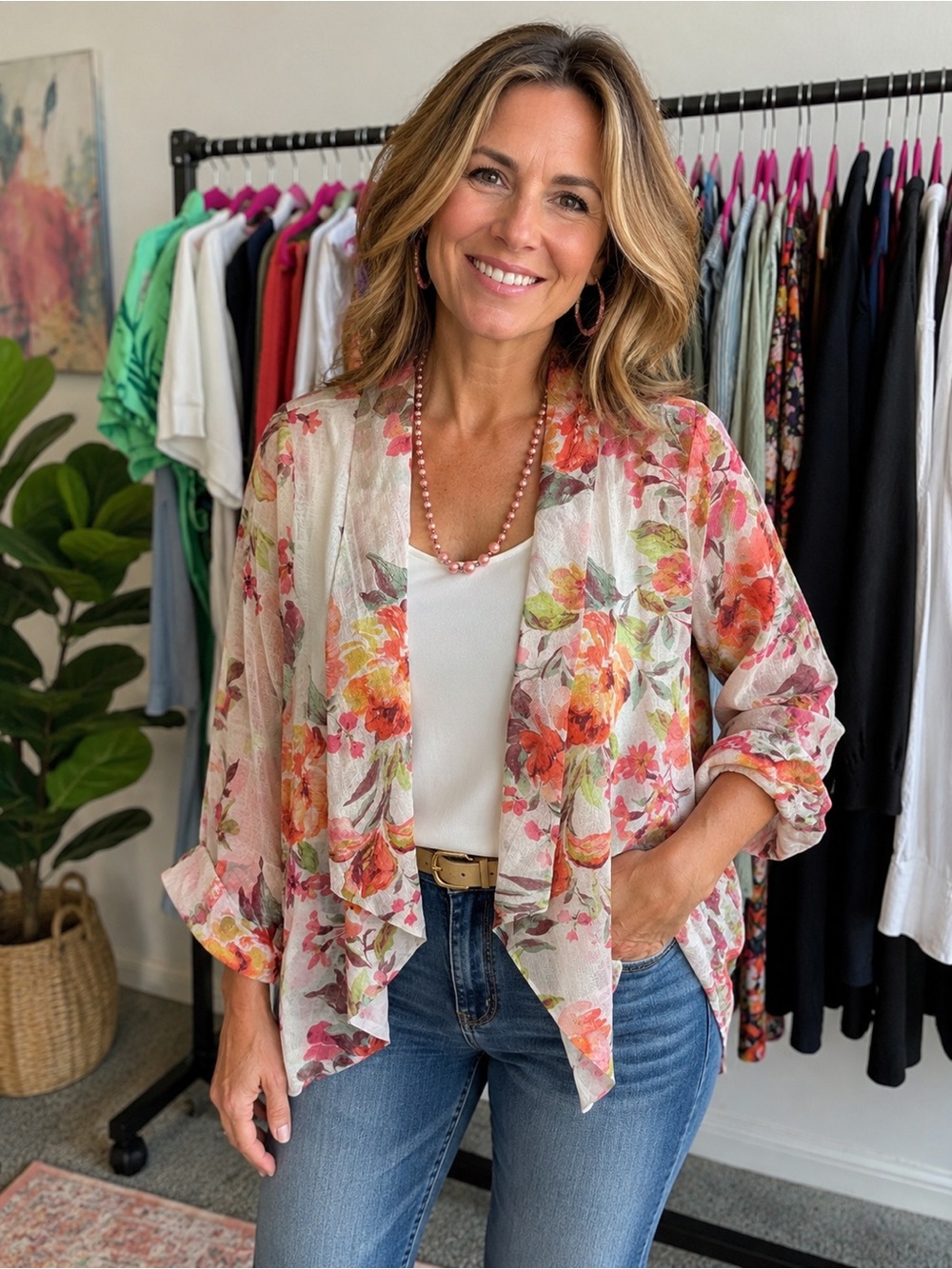 Susan Graver Floral Sheer Open-Front Jacket in Coral, Pink & Cream